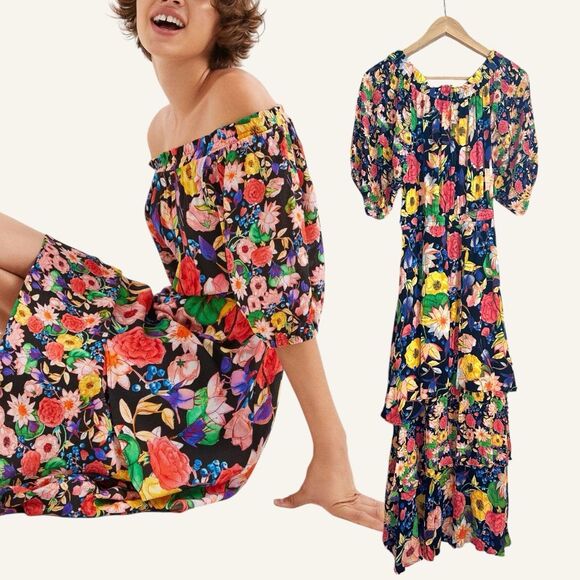NWT‎ Desigual Multicolor Off-Shoulder Tiered Floral Hi-Lo Dress Size L - Picture 4 of 12